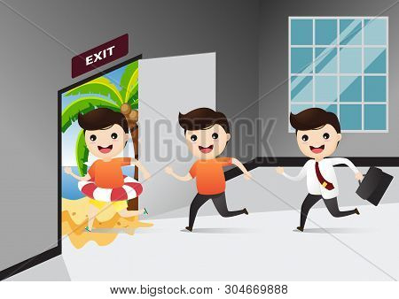 Businessman Running Exit Door Sign He Get Off Work Go To Sea. Businessman Running To Opened Door. Co