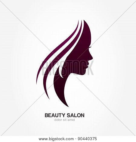 Beautiful Woman's Profile Face With Streaming Hair. Vector Logo Design Template. Abstract Design Con