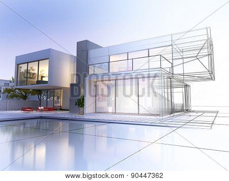 3D rendering of a luxurious villa with contrasting realistic rendering and wireframe 