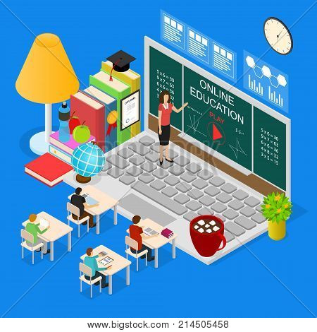 Online Education Concept 3d Isometric View for Marketing, Promotion E-learning Service Course School and University. Vector illustration of Training, Teaching and Learning