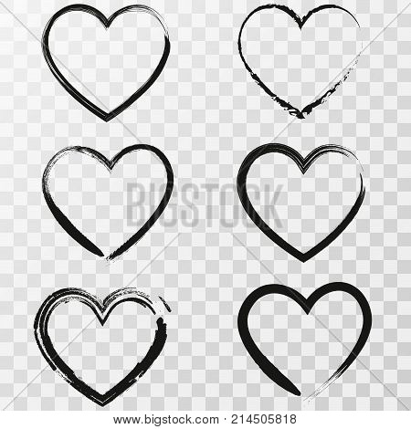 Set of six hand drawn heart. Handdrawn rough marker hearts isolated on transparent background. Vector illustration for your graphic design