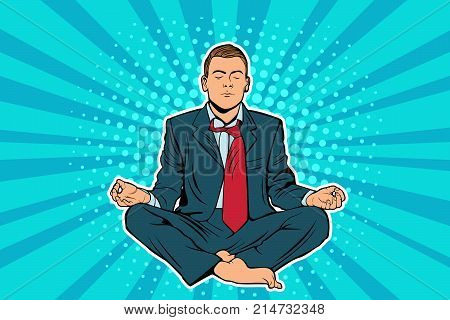 Young businessman sitting in lotus position pop art comic book vector illustration. Calm man in business suit meditating with crossed legs. Mental balance concept. Entrepreneur engage in spiritual practices for mental health, stress relief