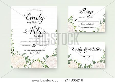 Wedding Invitation floral invite Rsvp cute card vector Designs set: white garden Ranunculus Rose flower fern eucalyptus mistletoe green leaf & berry romantic trendy greenery forest rustic bouquets