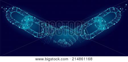 Blockchain technology agreement handshake business concept low poly. Polygonal point line geometric design. Hands chain link internet hyperlink connection blue vector illustration art