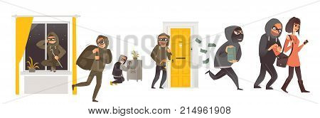 Set of thief in mask breaking into house, safe burglary, picklock, pickpocket, escaping with a loot, flat comic vector illustration isolated on white background. Set of thief, burglar at work