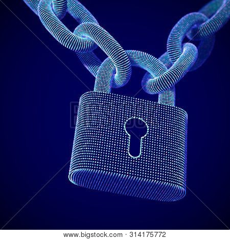 The Concept Of Digital Security And Data Protection: A Closed Lock On The Chain On Dark Background. 