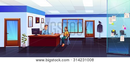 Police Station Interior With Policeman And Girl Visitor Communicating, Man Officer Listening And Wri