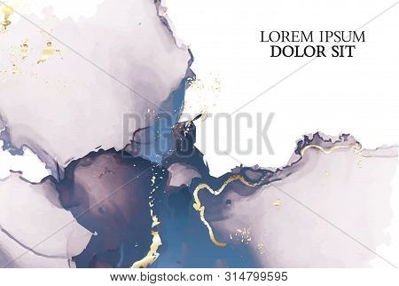 Marble Tender Rose Navy Watercolor Background Vector Set. Abstract Soft Golden Ink Texture. Modern D