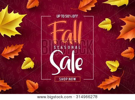 Fall Sale Seasonal Vector Banner. Fall Season Sale Text Typography With Colorful Maple Leaves In Red