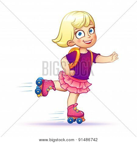 Little girl rides on roller skates.