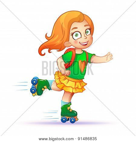 Little girl rides on roller skates.