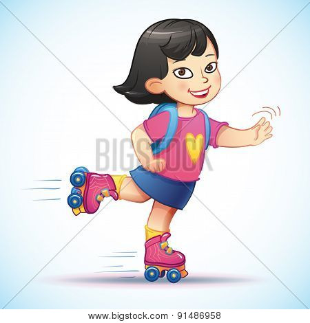 Little asian girl  rides on roller skates.