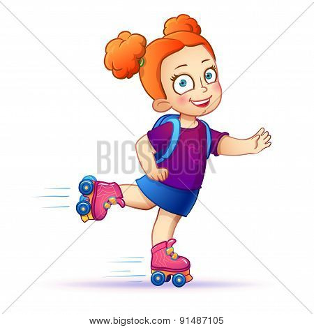 Little girl rides on roller skates.Teen enjoy the speed and freedom.