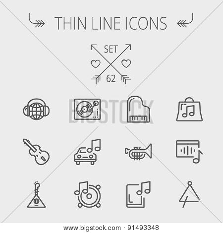 Music and entertainment thin line icon set for web and mobile. Set includes-Phonograph turntable, trumpet, piano, guitar, headphone, tambourine, car music icons. Modern minimalistic flat design