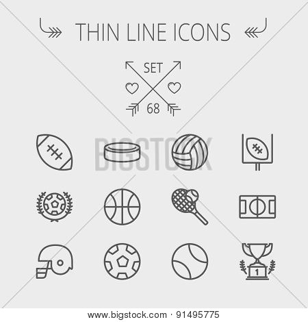 Sports thin line icon set for web and mobile. Set includes- volleyball, basketball, hockey puck, tennis, soccer, football, trophy, helmet icons. Modern minimalistic flat design. Vector dark grey icon