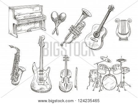 Drum set and piano, saxophone, acoustic and electric guitars, violin and trumpet, ancient greek lyre and wooden maracas engraving sketches