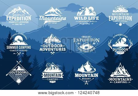 Set of vector mountain and outdoor adventures logo on mountain landscape background. Tourism hiking and camping labels. Mountains and travel icons for tourism organizations outdoor events and camping leisure.