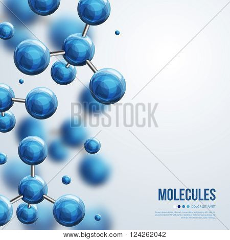 Abstract molecules design. Vector illustration. Atoms. Medical background for banner or flyer. Molecular structure with blue spherical particles.