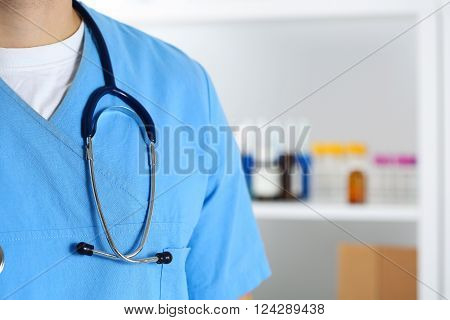 Stethoscope Lying On Male Medicine Therapeutist Doctor Chest