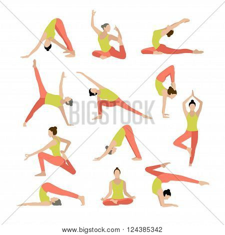 Vector yoga illustration Yoga set Yoga exercises Women yoga Yoga class yoga center yoga studio Yoga poster Sketch with yoga asana Girl does yoga exercises Healthy lifestyle. Vector.