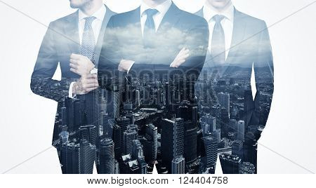 Photo of trio stylish adult businessman wearing trendy suit. Double exposure, panoramic view contemporary city background. Man power, leadership, isolated on white.