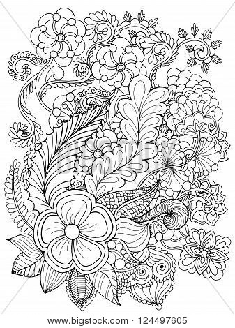 Fantasy flowers coloring page. Hand drawn doodle. Floral patterned vector illustration. African, indian, totem, tribal, zentangle design. Sketch for colouring page, tattoo, poster, print, t-shirt