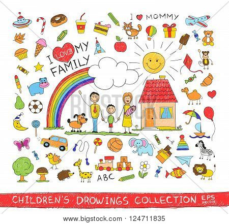 Child hand drawing illustration of happy family with kids near home, dog, sun, rainbow. Cartoon sketch image of children pencil painting vector doodles set