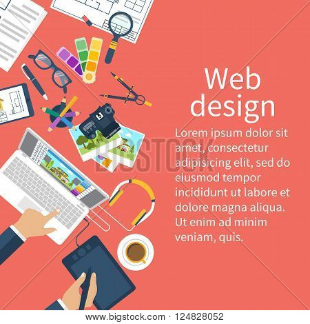 Workplace of designer. Creative worker. Designer items tools equipment. Flat design style. Vector illustration. Designer draws on tablet. Concept graphic design.