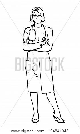 Young girl physician. Physician Specialist. Serious doctor. Doctor warns. Doctor stands. Woman doctor -gynecologist, neurologist. Cardiologist doctor.  Vector doctor. Sketch illustration