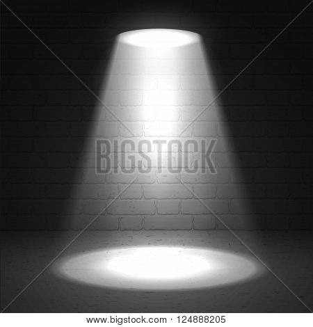 Stage spotlight on dark grunge background. Vector scene illuminated spotlight. Stage spotlight. Spotlight background vector. Show scene spotlight. Spotlight glow effect background. Spotlight on stage.