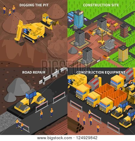 General construction concept  isometry with scenes of digging equipment site and road repair isolated vector illustration