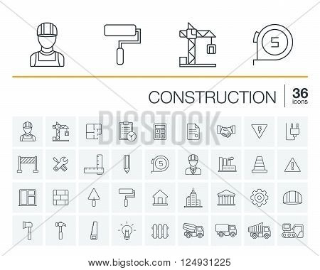 Vector thin line icons set and graphic design elements. Illustration with construction, industrial, architectural, engineering outline symbols. Home repair tools, worker, building linear pictogram