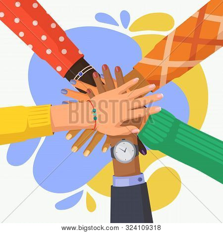 Hand Stack Of Multi Culture People. Palm Pile Of Friends With Different Ethnicity. African And India