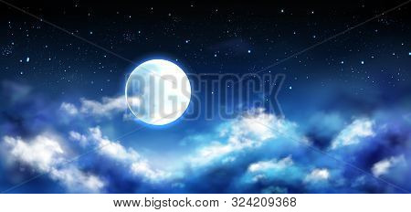 Full Moon In Night Sky With Stars And Clouds. Starry Heaven With Moonlight Romantic Fantasy Landscap