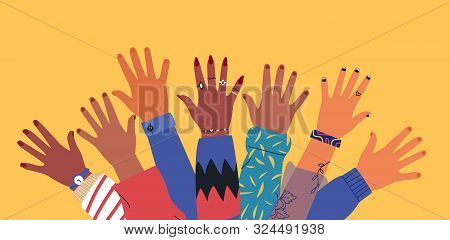 Diverse Young People Hands On Isolated Background. Teenager Hand Group With Raised Arm For Celebrati