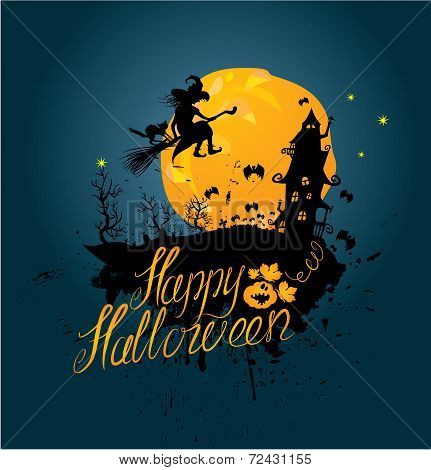 Halloween Night: Sillouette Of Witch And Cat Flying On Broom To Mystery House. Card With Calligraphi