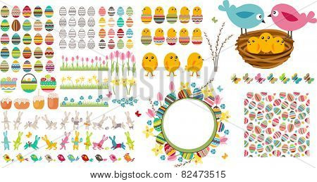 Big easter set with collection of eggs,seamless pattern, spring flowers, nest and birds