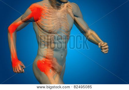 Conceptual 3D human man anatomy or health design, joint or articular pain, ache or injury on blue background, for medical, fitness, medicine, bone, care, hurt, osteoporosis, painful, arthritis or body