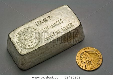 Old Silver Bullion Bar and Gold Coin