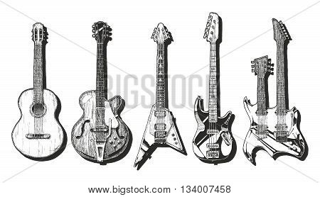 Vector hand drawn set of guitars. Acoustic guitar (classical guitar ) semi-acoustic guitar (archtop guitar) electric guitar bass guitar and double neck guitar.