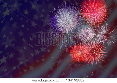 Celebration fireworks over American flag background. 4th of July beautiful fireworks. Veterans Day fireworks. Independence Day holidays salute.