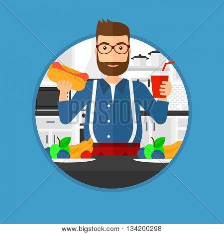 Fat hipster man eating fast food. Man holding fast food in hands in the kitchen. Man choosing between fast food and healthy food. Vector flat design illustration in the circle isolated on background.