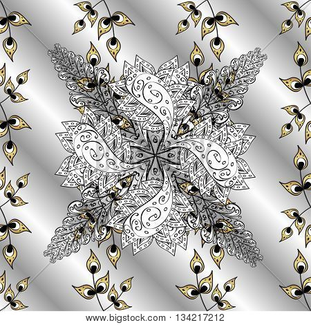 Abstract stripes silverl background with white and golden doodles flowers.