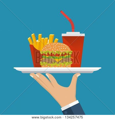 Waiter delivers the food. Service in cafe fast food man with a tray. Fast food: hamburger fries soda. Vector illustration flat design. Takeaway food.