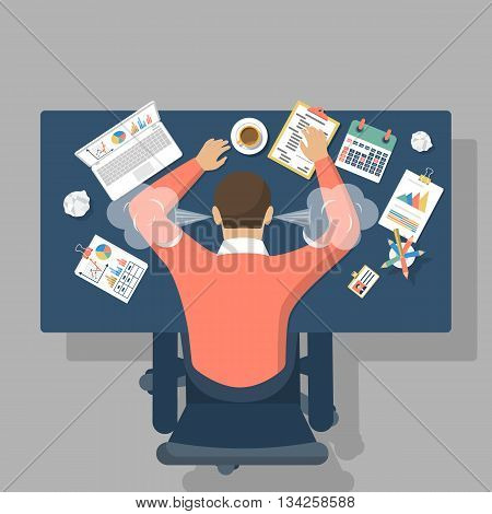 Man at desk overwhelmed hard work. Stress at work. Fatigue at work. Vector illustration flat design.