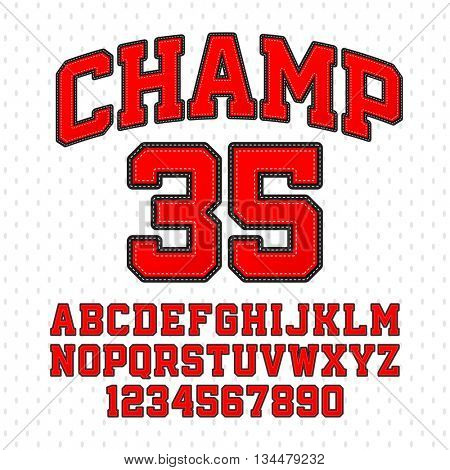 Tackle Twill style Champ typeface. Embroidered sports font. Letters and numbers vector illustration.