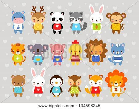 Set of vector animals in cartoon style. Cute animals on a gray background. A collection of small animals in the children's style. Africa tropics antarctica farm forest.