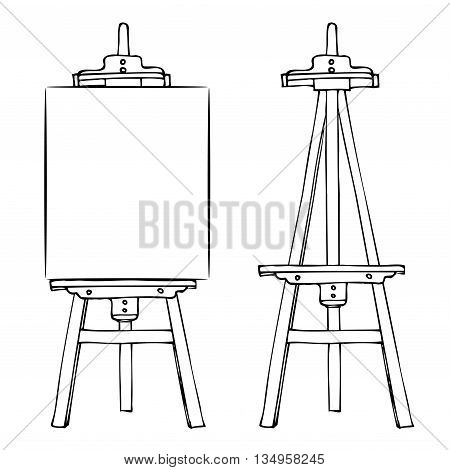 Wooden painting easel with blank canvas. Cartoon black white sketch style easel isolated on white background. Easel with vertical canvas and empty easel. Vector illustration stock vector