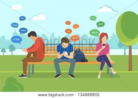 Young people sitting in the park and texting messages in chat using smartphone. Flat modern illustration of chat via mobile phone, sending message and texting to friends via messenger app