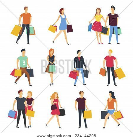 People Shopping With Shopping Bags. Vector Cartoon Flat Isolated Icon Of Man And Woman Young Couple 